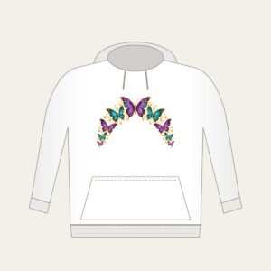 Butterflies Arching Along the Edge Hoodie in white: Violet, teal and gold butterflies arch along a curved edge.
