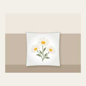 Chain of Three Daisies Pillow in white: Three daisies in white and butter yellow link along a single sage stem.