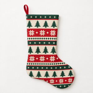 Evergreen Fair Isle Christmas Stocking with flat printed Fair Isle-style rows of pines and stars in red, cream and green