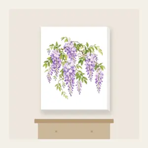Cascading Wisteria Blossoms Canvas Print in white: Lilac wisteria blossoms cascade across a pale ground, threaded with fresh green leaves.