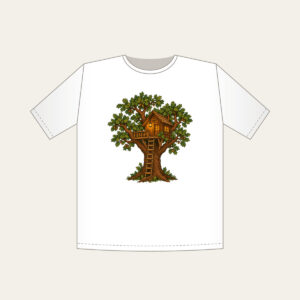 Oak Treehouse with Glowing Lantern T-Shirt in white: A treehouse in an oak tree with a glowing lantern in brown, green and amber.