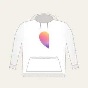Dawn Gradient Half Heart Hoodie in white: A left-half heart filled with a dawn gradient of peach, rose and pale violet, edged with a thin cream border.