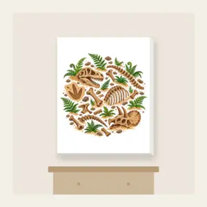 Dinosaur Bones and Fern Dig Scene Canvas Print in white: Dinosaur bones and curling ferns lie scattered across warm sand in earthy brown and green.