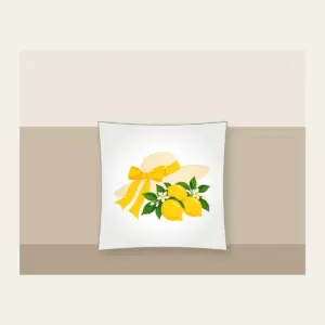 Sunhat with Three Lemons Pillow in white: A wide sunhat with a ribbon beside three lemons in cream, lemon yellow and green.
