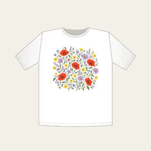 Wildflower Scatter on Sage T-Shirt in white: Wildflowers in lavender, poppy red and butter yellow scatter over a sage ground.