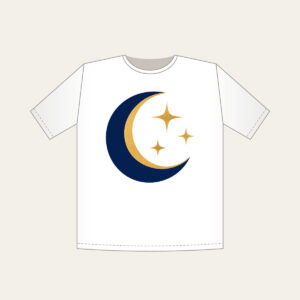 Golden Crescent and Three Stars T-Shirt in white: A gold crescent moon and three small stars sit on deep navy.