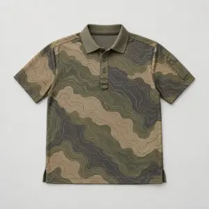 Field Stripe Tactical Polo with topographic field lines in tan, olive and charcoal across the body and sleeves