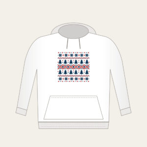 Fair-Isle Pines and Stars Hoodie in white: Fair-isle bands of pines, stars and diamonds in cream, brick red and navy.