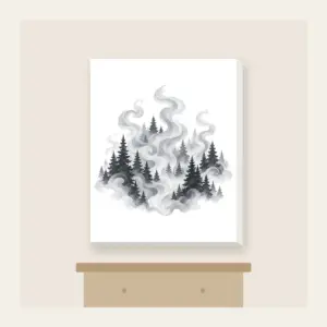 Campfire Smoke Curls Through Pines Canvas Print in white: Wisps of smoke curl upward between dark pine silhouettes in muted greys.