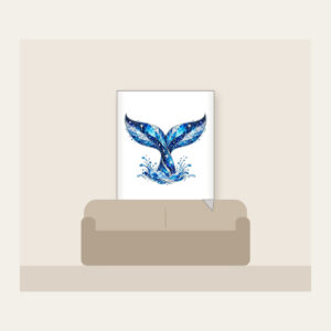 Whale Tail with Prismatic Shimmer Fleece Blanket in white: A whale tail in blue and silver with tiny stars and a prismatic broken-glass shimmer.