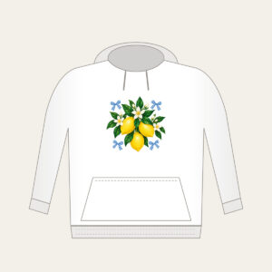 Lemons with Gingham Corners Hoodie in white: Bright yellow lemons and deep green leaves on a clean white ground, tucked with small blue gingham accents.