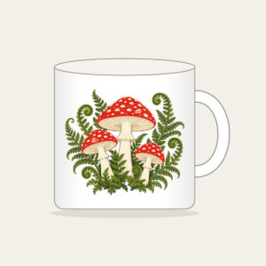 Red Toadstool Trio with Curling Ferns Mug in white: Three red-capped mushrooms with curling ferns in cream, red and moss green.