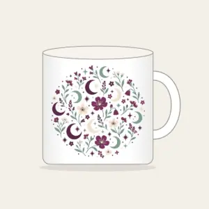 Crescent Moons and Wildflowers in Plum Mug in white: Crescent moons, wildflowers and tiny stars repeat in plum, mint and cream.