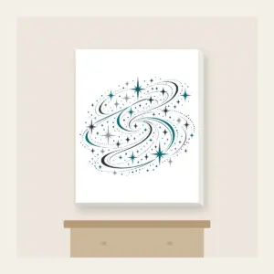 Charcoal Night Trail of Stars and Paths Canvas Print in white: An all-over pattern of stars and path lines in charcoal, silver and teal.