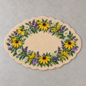 Wildflower Wreath Door Mat with a bold oval wildflower wreath in yellow, purple and green at the centre