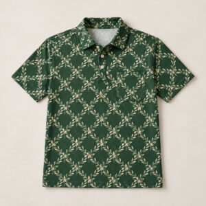 Garden Trellis Pocket Polo (Midweight) with all-over trellis lines with small leaves in forest green, cream and sage