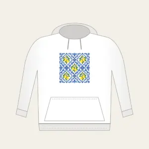 Cobalt Mediterranean Tiles with Lemons Hoodie in white: An all-over repeat of Mediterranean-style tiles in cobalt and white with small lemon accents.