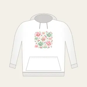 Teapots and Tiny Flowers Hoodie in white: Cheerful teapots and little flowers in pink and mint scatter across a cream ground.