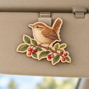 Wooden car visor clip with a flat printed brown wren perched on a leafy berry branch.