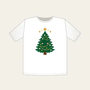 Little Pine and Five Stars T-Shirt in white: A friendly stylised pine tree with five small stars above it in cream and gold.