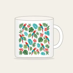 Parrots and Palm Leaves Repeat Mug in white: Small parrots and palm leaves repeat in red, turquoise and green on cream.