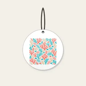 Coral Branch and Fish Scale Mosaic Ceramic Ornament in white: An all-over mosaic of coral branches and small fish scales in coral, turquoise and sand.