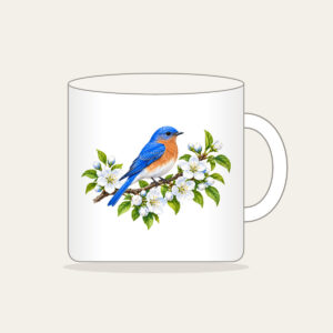 Bluebird on Blossoming Branch Mug in white: A bluebird perches on a blossoming branch in blue, white and green.