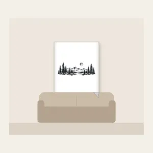 Pine Tree Line and Crescent Moon Fleece Blanket in white: A single-tone pine tree in line drawing with a small moon curled around it.