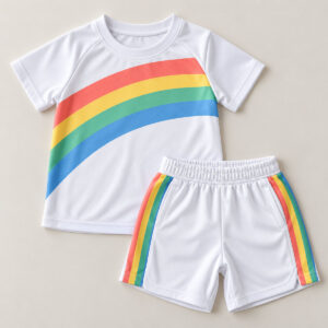 Rainbow Goal Kids Soccer Set with a rainbow arc in coral, yellow, green and blue across the jersey chest and a matching stripe down the shorts