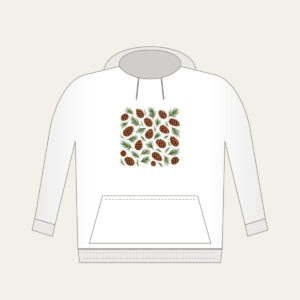 Scattered Pine Cones and Needles Hoodie in white: Pine cones and needles scatter in brown and green.