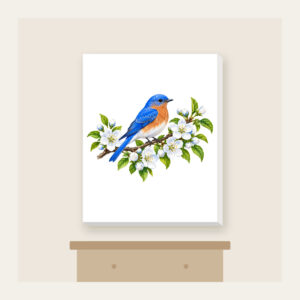 Bluebird on Blossoming Branch Canvas Print in white: A bluebird perches on a blossoming branch in blue, white and green.