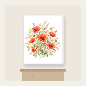 Poppies, Grasses and Tiny Butterflies Canvas Print in white: All-over poppies, grasses and tiny butterflies in coral, gold and green on cream.