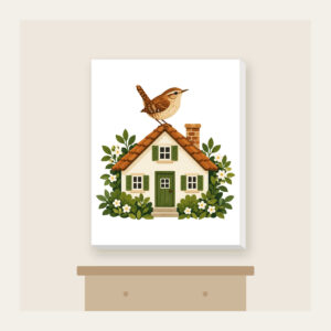 Wren on the Rooftop Canvas Print in white: A small house with a wren on its roof in warm brown, cream and green.