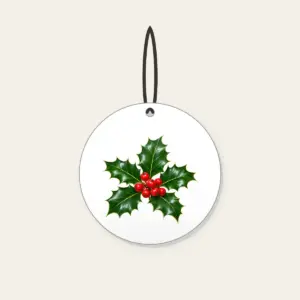 Holly Sprig with Red Berries Ceramic Ornament in white: A holly sprig with glossy leaves and bright red berries stands out on a deep green background.