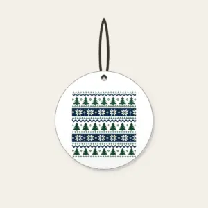 Fair-Isle Bands of Pines and Stars Ceramic Ornament in white: Fair-isle bands of pines and stars in cream, forest green and navy repeat all over.