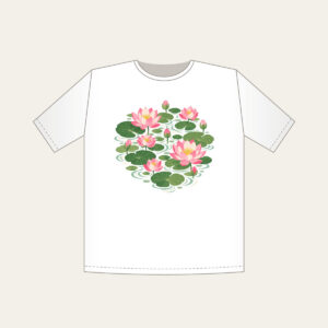 Lotus Blooms over Pond Ripples T-Shirt in white: Lotus blooms float above pond ripples in pink, green and cream.