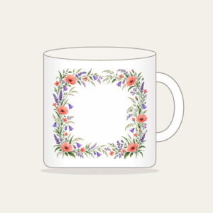 Roadside Wildflower Border Mug in white: A loose border of coral, violet and green wildflowers and grasses along the edges, leaving the center open.