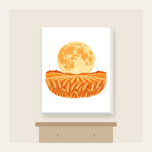 Harvest Moon over Wheat Canvas Print in white: A large orange harvest moon above rows of wheat in orange and cream.