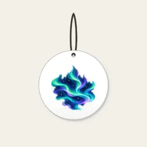 Northern Lights over Starry Navy Ceramic Ornament in white: Flowing aurora bands in green, teal and violet sweep over a deep navy sky dotted with tiny stars.
