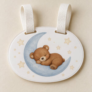 Sleeping Cub Acrylic Stroller Sign with sign face with a sleeping bear cub on a crescent moon in warm brown, cream and blue, 2-layered, White colourway