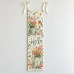 Spring Porch Welcome Banner with a banner with watering cans, tulips and a small robin in sage, coral and yellow and the exact text "Hello"