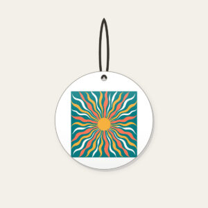 Sunrise Lines in Coral and Gold on Teal Ceramic Ornament in white: All-over sunrise lines in coral, gold and white on a teal ground.