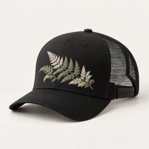 Fern Trucker Cap with embroidered fern frond in sage and cream on the front panel