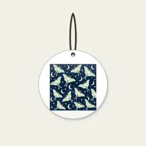 Luna Moths and Crescent Moons on Navy Ceramic Ornament in white: Pale luna moths and crescent moons glow on deep navy among tiny star dots.