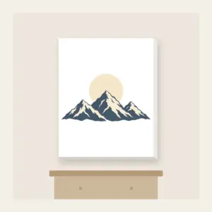 Moonrise over Three Peaks Canvas Print in white: A round moon rises over three mountain peaks in cream and slate.