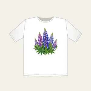 Wild Lupine Meadow Spires T-Shirt in white: Tall wild lupine flowers in violet and blue with green leaves.