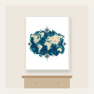 Vintage Map Coastlines and Compasses Canvas Print in white: Vintage-style coastlines and tiny compasses in navy, cream and teal.