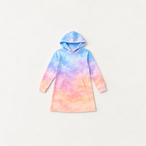 Cloud Wash Hoodie Dress with a watercolor wash gradient from pale blue to lilac to peach with soft cloud edges
