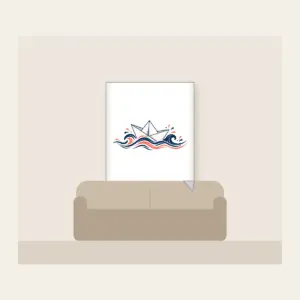 Folded Paper Boat on Navy Waves Fleece Blanket in white: A folded paper boat on fine-lined waves in navy and coral.
