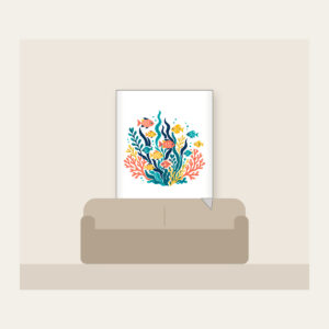 Tropical Fish School and Seaweed on Navy Fleece Blanket in white: A school of small tropical fish and seaweed in coral, yellow and teal swims on navy.
